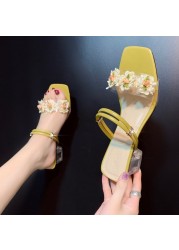 Fashion Crystal Pearl Heels 2021 Women's Sandals Lace Ruffles Beaded High Heels Open Toe Fantasy Women Slippers