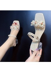 Fashion Crystal Pearl Heels 2021 Women's Sandals Lace Ruffles Beaded High Heels Open Toe Fantasy Women Slippers