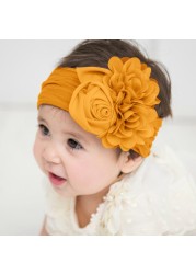 Kids Headwear Soft Stretch Satin Flower Headband Wide Knot Nylon Twill Wraps Turban Girls Headwear Photo Props