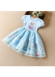 Summer 2022 Cartoon Girls Dress Princess Elsa Baby Dresses Toddler Kids Short Sleeve Cute Party Dresses