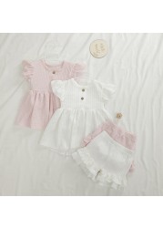 Fashion Baby Dress Clothes Set Newborn Cotton Waffle Princess Girls Top Flying Sleeves Buttons Ruffles A-Line Dress Shorts Set