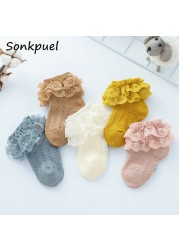 Breathable Cotton Socks with Lace for Little Girl Mesh Ruffle Socks for Kids White Pink Yellow Ankle Socks