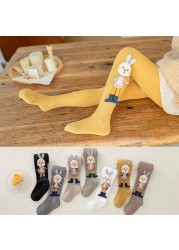 Cotton Tights for Girls Cute Cartoon Rabbit Children Pantyhose Soft Knitted Kids Tights Ribbed Striped Kids Stockings 3-12 Years