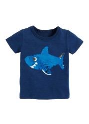 Little maven summer kids t-shirt short sleeve clothes discoloration sequin shark knitting beach casual cotton clothes 2-7years