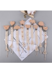 Baby Safety Infant Toddler Doll Pacifier Soother Nipple Chain Strap Holder Handmade Braided Cotton Rope Wooden Pacifier Clips