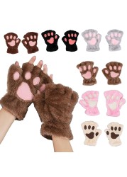 Cute Cat Paw Plush Fingerless Gloves Winter Warm Faux Fur Gloves Half Finger Gloves Lovely Bear Paw Gloves For Women Girls