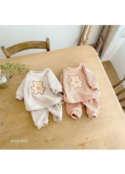 2022 New Children's Casual Clothes Set Boys Girls Bear Sweatshirt + Pants 2 Pieces Suit Solid Color Cotton Kids Baby Clothes