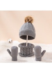 Cute Hat Scarf Set Beanie Hat Gloves 3pcs Children Hats Girls Fake Ball Pom Keep Warm Winter Knitted Skullies Kids Bone