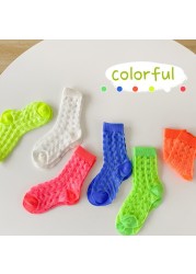 3 Pairs Kids Socks Summer Thin Solid Color Plaid Silk Socks Baby Cotton Breathable Mesh Socks for Boys Girls Three Colors New