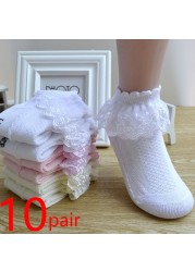 10pairs/lot Baby Girls Kids Lace Ruffle Socks Princess Mesh Children Ankle Short Breathable Cotton White Pink Blue Toddler Sock