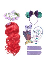 Girls Mermaid Wig Garland Accessory For Cosplay Dress Princess Gloves Crown Wand Bracelet Neacklace Earrings Bag Set Accessories