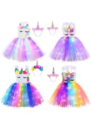 Girl Unicorn Dresses for Girls Tutu Princess Party Dresses with LED Lights Flower Birthday Party Cosplay Costume Girls Clothing