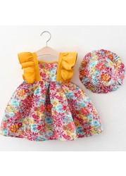 Summer Toddler Infant Girl Clothes Set Baby BeBe Beach Dresses Cute Bow Plaid Sleeveless Cotton Newborn Princess Dress+Sunhat