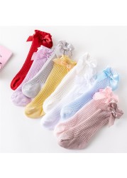 Newborn Baby Girls Solid Bow-knot Socks Breathable Mesh Cotton Knee High Leg Warmer Summer Infant Baby Soft Socks Clothes