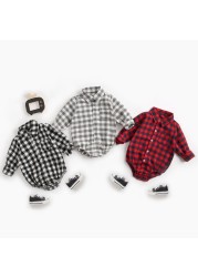 2022 Newborn Plaid Long Sleeve Baby Shirt Spring Autumn Turn-down Collar Front Pocket Shirt Baby Bodysuit Shirt