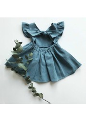 New Baby Girls Dress Bow Cotton Fly Sleeve Ruffles Lace Summer Pure Color Children Princess Skirt Kids Clothes