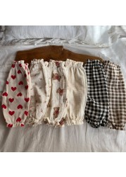 2022 Spring New Cute Bear Print Baby Boys Casual Pants Flower Heart Print Girls Summer Mosquito Pants Baby Loose Plaid Trousers