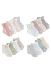 LAUDKA 4pairs/lot Summer Thin Mesh Kids Socks for Girls Cotton Solid Princess Children Sock Casual Clothes Accessories 2021 New