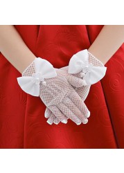 Exquisite White Lace Faux Pearl Fishnet Gloves Communion Flower for 4-15 Years Girls Kids Bride Party Accessories