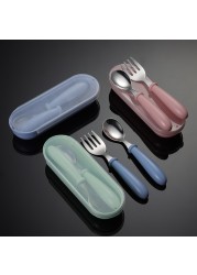 Stainless steel children fork spoon set baby learning short handle utensils cute baby training tableware infant feeding knives