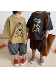 2022 Cartoon Summer T-shirt Children Unisex Short Sleeve Korean Kids Cute Bear Print Cotton Casual Tops Boys Clothes T-shirt