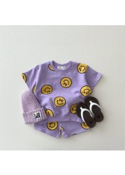 2021 Summer New Cotton Baby Clothes Set Boys and Girls Cute Smiley Print Tops + Shorts 2pcs Kids Children Clothing Suit