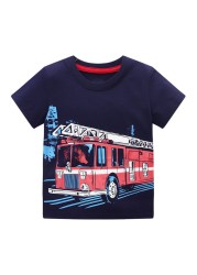 27 Kids Summer Boys Short Sleeve T-shirt Tops Clothes Fire Truck Pattern Children's Clothing Toddler Cotton Outfit 2-8Years