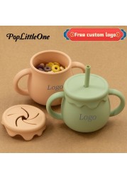 Cartoon cute silicone straw cup children drinking cup snack cup 2 in 1 food storage box with handle feeding water cup BPA free