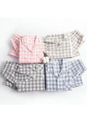 2021 Spring Fall Fall Winter Boys Girls Button Down Pajamas Childeren Baby Clothing Set Brushed Finish Cotton Plaid Homewear