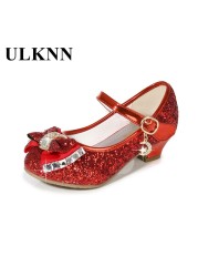 ULKNN-Children's leather shoes, casual high-heeled shoes with flowers and sequins, butterfly knot, blue, pink and silver, 2021