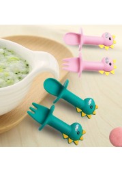 Baby Learn Spoon Fork Set Short Handle Easy Spoon Soft Silicone Utensil Toy Teether Feeding Tableware Dinosaur Spoon Tableware