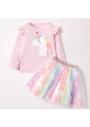 2022 spring new little girls clothes pink clothing set cartoon unicorn long sleeve T-shirt skirt 2 two-piece outfits