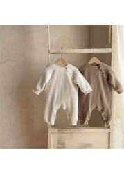 0-2Y Summer Baby Boys Long Sleeve Casual Jumpsuit Infant Girls Fashion Solid Color Ribbed Cotton Romper 2022 Newborn Clothes