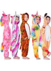 Winter Kigurumi Kigurumi Soft Warm Soft Flannel Pajamas Cartoon Animal Hooded Pajamas Boys Unicorn Pajamas Girls Kids Sleepwear