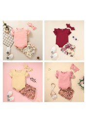 summer newborn baby girl clothes set solid color short sleeve ruffle romper tops flower short pants headband 3pcs infant outfits