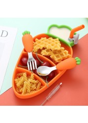 Baby Stainless Steel Silicone Cutlery Feeding Set Children Straw Cutlery Carrot Set Split Training Plate Spoon Fork Dinner Plate