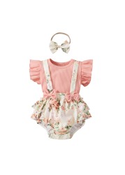 Newborn Baby Girls Clothes Sets Toddler Girls Outfits Ruffle Sleeve T-shirt Suspenders Pants Headband 3pcs Outfit Set Toddler 0-18M