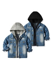 Kids Boys Girls Denim Hooded Jackets Casual Fake Two Jacket Coat Children Cowboy Zipper Outerwear JYF