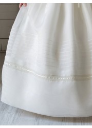 New Ivory First Communion Half Sleeve Satin Beige Stripes Princess Communion Dress With Bow