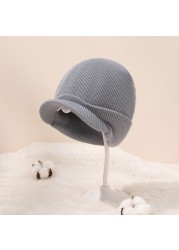 T5EC Autumn Winter Solid Color Baby Knitted Hat Ear Protection Windproof Baseball Warm Soft Casual Sunhat Crimping Hat for