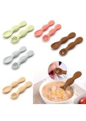 2pcs Lovely Baby Learning Spoons Utensils Set Adorable Toddler Tableware Baby Silicone Teether Toys Feeding Scoop Training