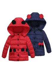 Infant Autumn Winter Jacket For Baby Girls Down Children Bowknot Outerwear Coats Dot Hooded Cotton Kids Clothes