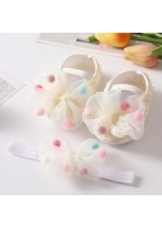 Baby Girl Net Yarn Bowknot Sweet Princess Shoes Summer Spring Toddler Soft Sole Walking Shoes Headband Set