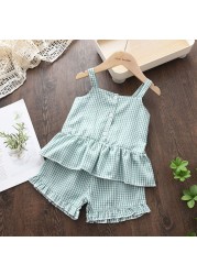 Menoea 2-Pieces Fashion Children's Clothing Sets New Summer Baby Girls Plaid Suspenders Vest Shorts Suits Kids Outfits