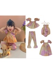 Girls Dress Ins Hot Style 2022 Spring/Summer BeO Series Linen Tie Dye Cute Suits Blouse Tops Trousers Suits Baby Bodysuits