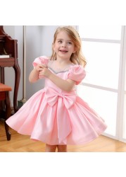 Pink Puff Sleeve Baby Girl Dress Bowknot White Party Dresses for Girls Wedding Birthday Festive Kids Things Children 1-12Y