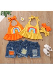 Baby Girl Fashion Clothes Set Rainbow Print Sleeveless Ruffle Blouse Jeans Hole Shorts With Headband Set JYF