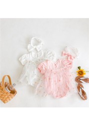 Newborn baby girl clothes summer infant princess floral tulle dress with jumpsuit bow headband baby girl clothes