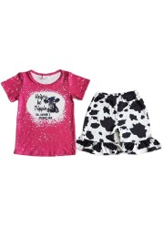 Baby Girl Set Cow Head Letter Pattern Short Sleeve Top Cow Pattern Ruffle Shorts Girl 2 Pieces Boutique Clothes
