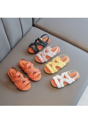 Girls sandals fashion weave circular makeup mirror 2022 summer infant soft bottom kids non-slip beach sandals